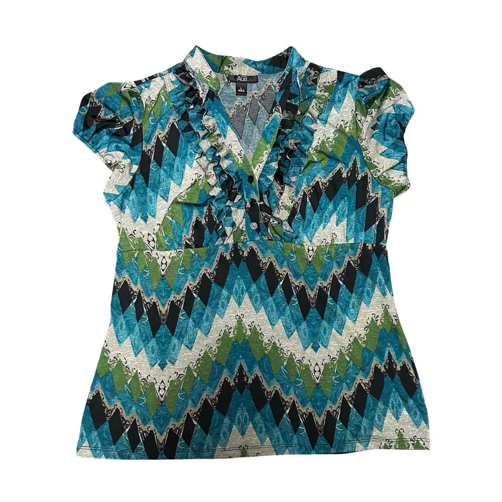 Y2K AGB Office Siren Fitted Blouse Geometric Womens Large V Neck Blue Green